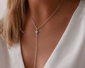 Silver Lariat Necklace, Long Lariat Necklace, Silver Y Drop Necklace, Silver Cubic Zirconia Necklace, Gift For Bestfriend Wife Mom Her