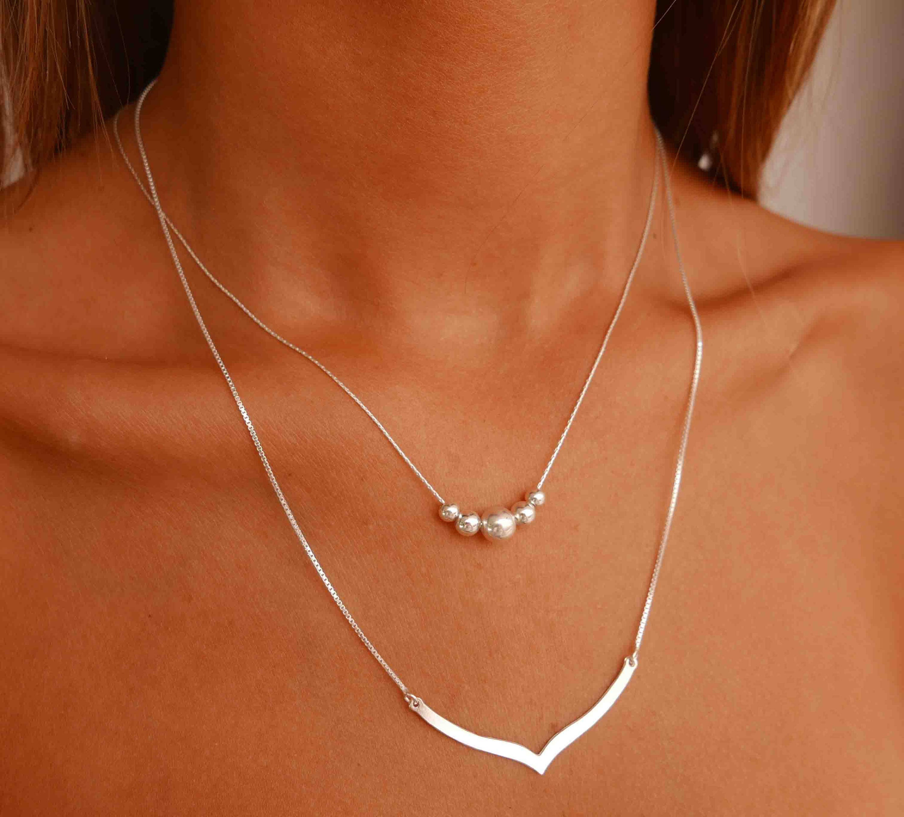 Silver Layered Necklace Multi Layer Necklace Double Etsy Israel