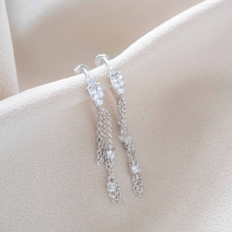 Delicate Hoops Dainty Hoops Boho Dangle Charm Hoops Huggie Hoops Silver Chain Earrings Dangle Chain Earrings Silver Cz Hoop Earrings