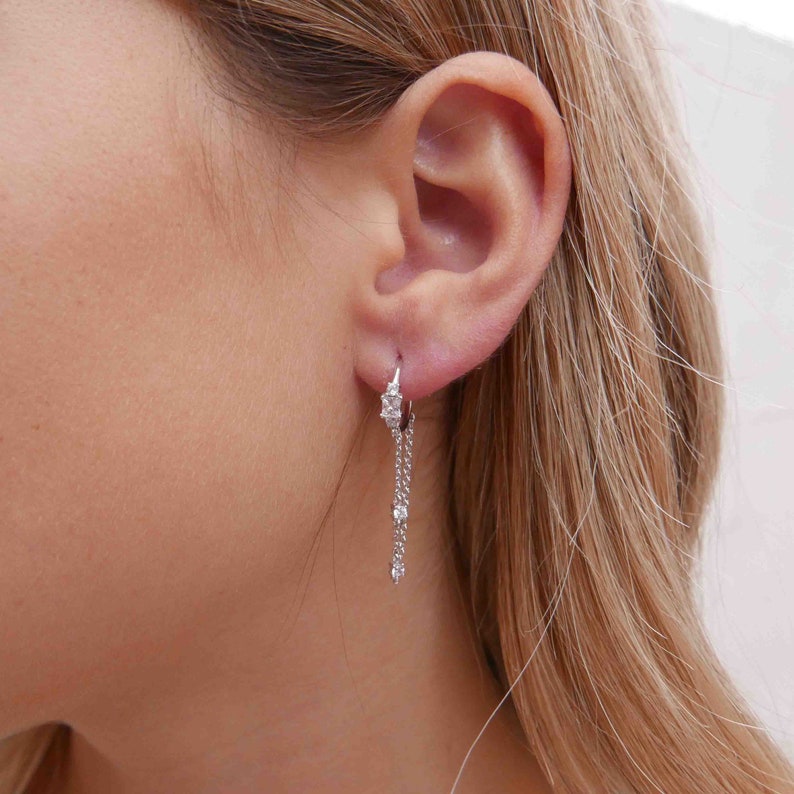 Delicate Hoops Dainty Hoops Boho Dangle Charm Hoops Huggie Hoops Silver Chain Earrings Dangle Chain Earrings Silver Cz Hoop Earrings