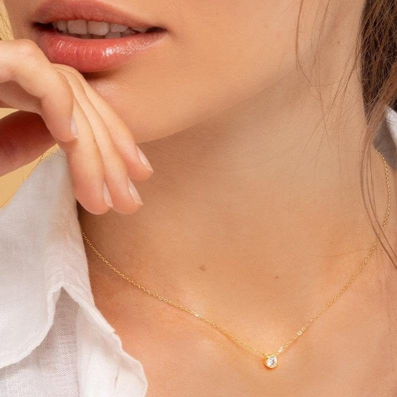 Dainty Diamond Necklace, Floating Diamond Solitaire Necklace, Minimalist Jewelry, Bridesmaid Necklace, Simple Gold Choker, Gift for Her image 8