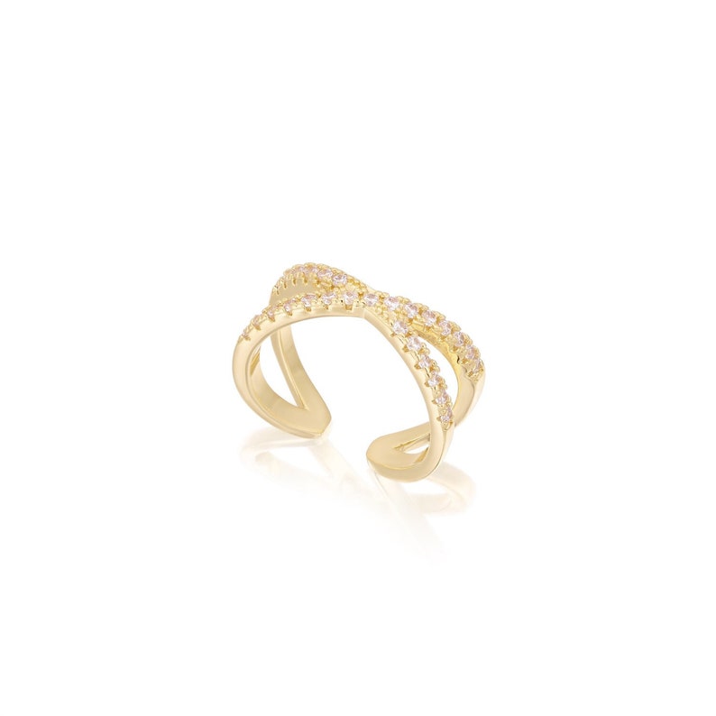 Anillo de punta cruzada de oro, anillo de punta X, anillo de punta de oro CZ ajustable, anillo midi, anillo de nudillo, joyería de boda en la playa, joyería de verano, regalo BFF imagen 1
