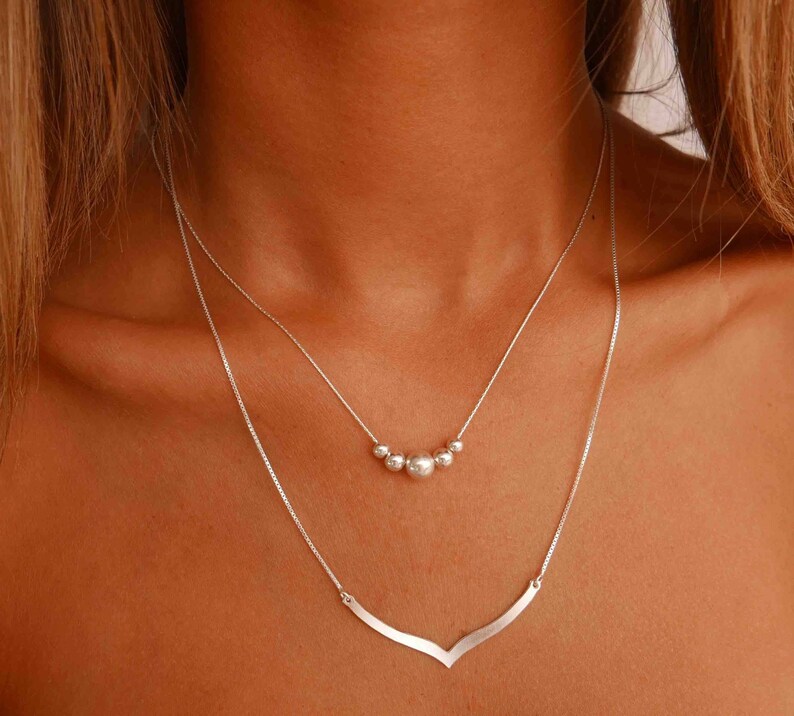 Silver Layered Necklace Multi Layer Necklace Double Etsy