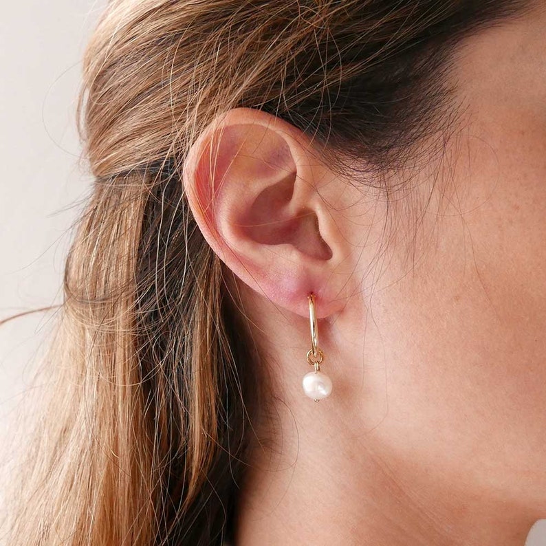 Pearl Charm Earrings Dangle Charm Hoops Pearl Dangle Etsy