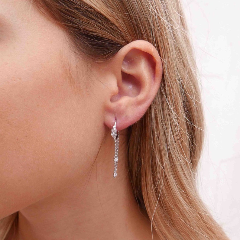 Delicate Hoops Dainty Hoops Boho Dangle Charm Hoops Huggie Hoops Silver Chain Earrings Dangle Chain Earrings Silver Cz Hoop Earrings