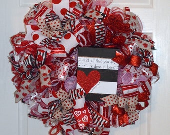 Valentine, Deco Mesh Wreath,Valentine's Door Wreath, Red Wreath,Valentine's Decoration,Deluxe Door Valentine's Day Wreath, Front Door Wreath