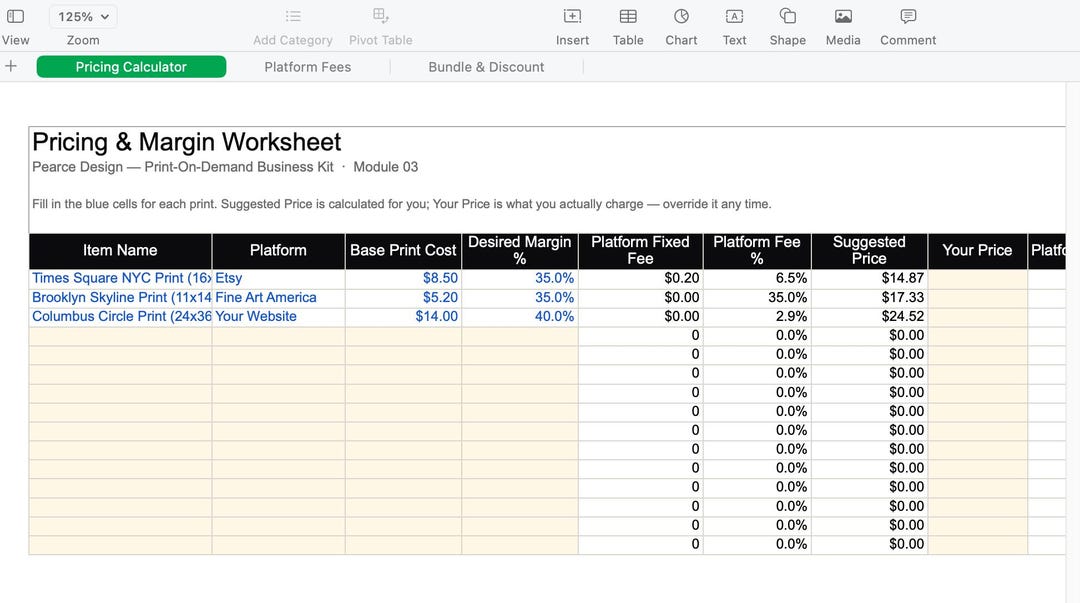 Pricing and margin worksheet for print-on-demand artists showing base cost, margin, and platform fees