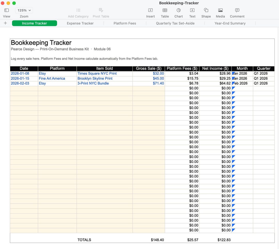 Bookkeeping tracker spreadsheet for artists selling prints, with quarterly tax set-aside calculator