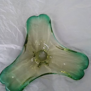 Gorgeous Mid century Murano hand blown glass dish of green and yellow amoeba shaped