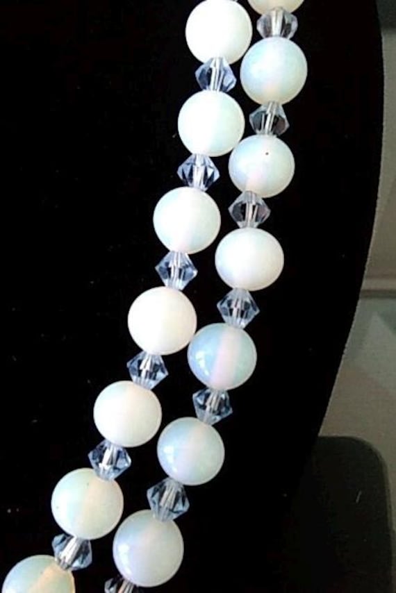 Antique opalescent milk glass beaded necklace with aquamarine faceted spacers