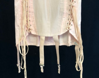 Vintage 1950s Gossard maternity girdle corset girlie pink lace up sides and garters in original box
