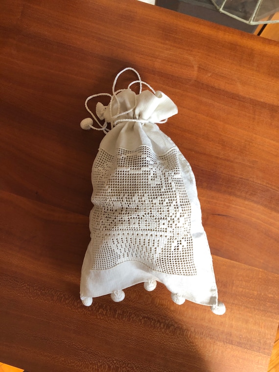 Antique linen drawstring pouch purse with tassel a