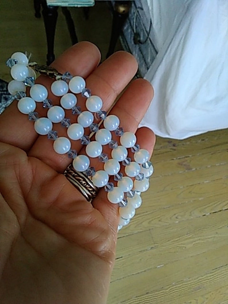 Antique opalescent milk glass beaded necklace with aquamarine faceted spacers