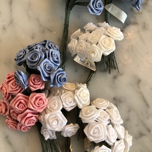 NOS Satin floral roses with wire stems, 60s vintage, various colors, hat making, doll making, corsage making