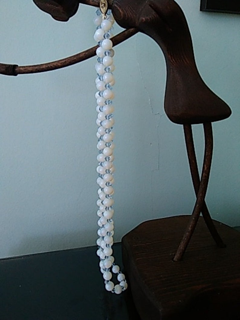 Antique opalescent milk glass beaded necklace with aquamarine faceted spacers