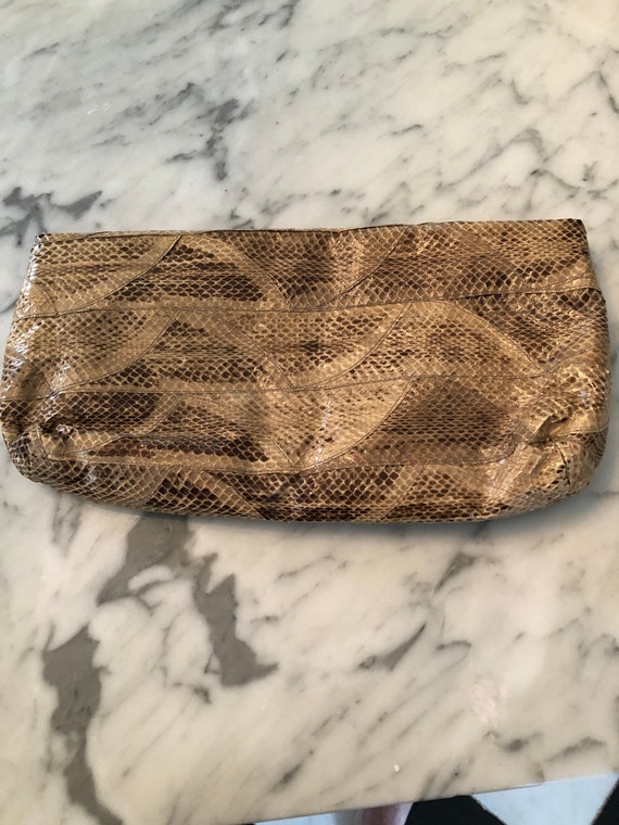 Gorgeous snakeskin clutch from the 1980s, in Brow… - image 4