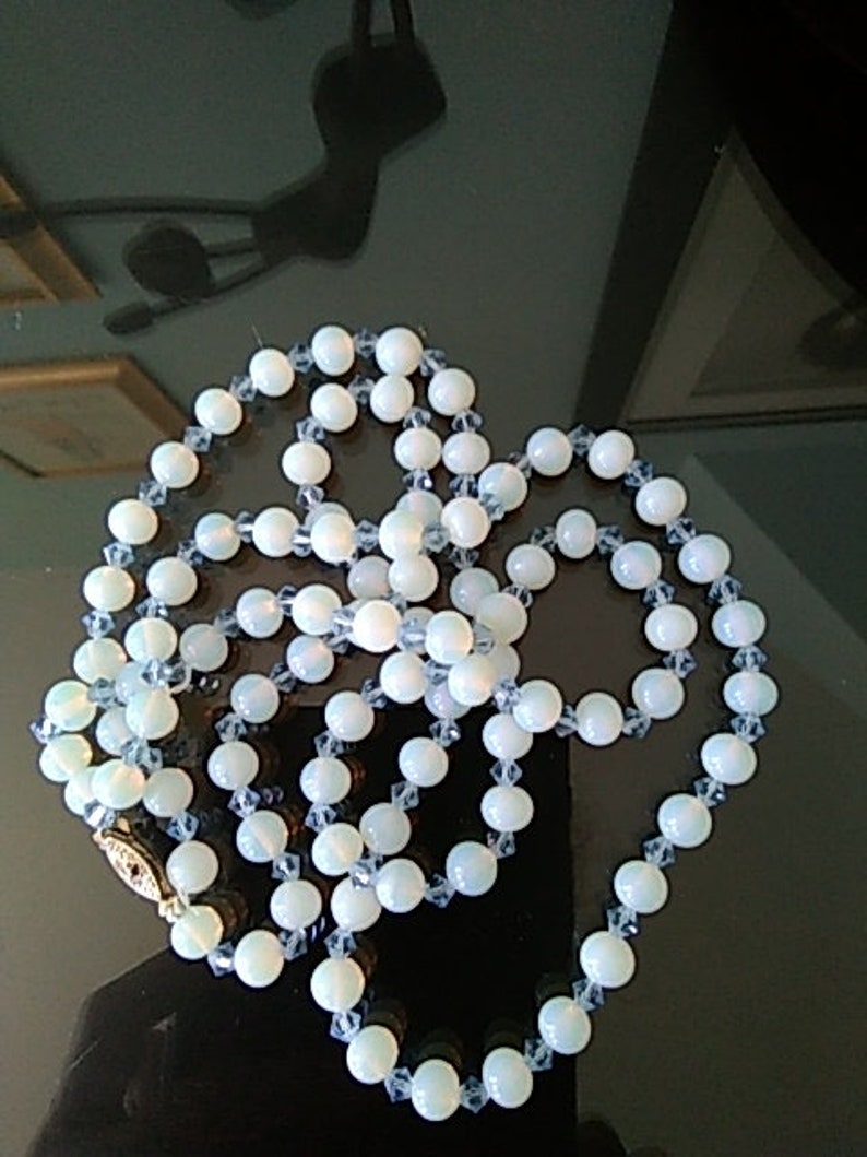 Antique opalescent milk glass beaded necklace with aquamarine faceted spacers