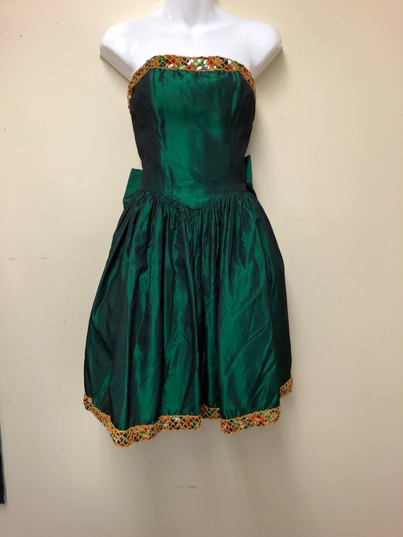 Green taffeta holiday sequin party dress by Jessic