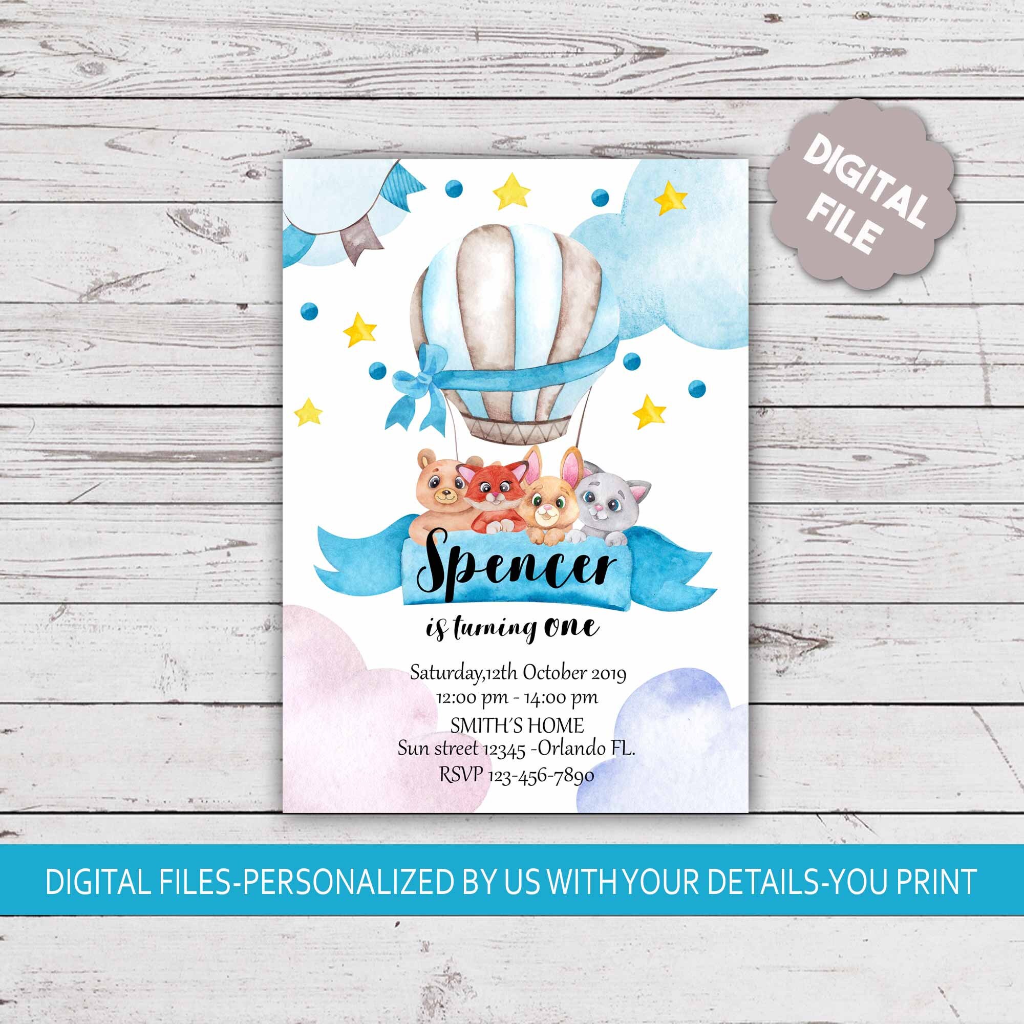 digital file AB1 balloon invitation hot air balloon baby watercolor balloon air balloon party Hot air balloon invitation baby shower