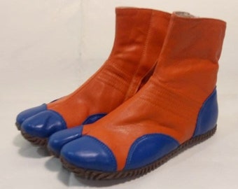 Colorful Tabi Split Toe Boots, Handmade Orange Blue Tabi Shoes, Unique Unisex Tabi Footwear, Statement Designer Boots