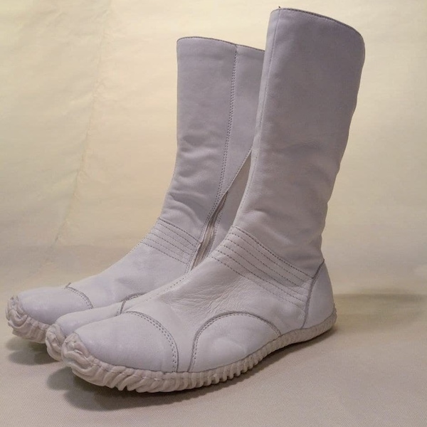 White Women's Leather Tabi Split-Toe White Boots with Zipper