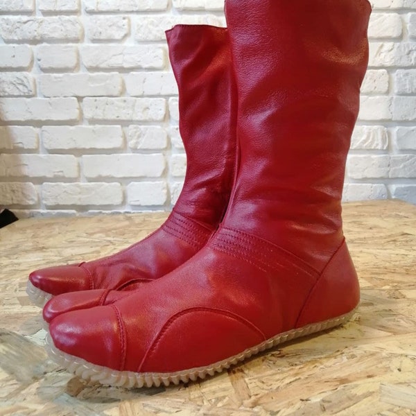 Botas Tabi Zapatos Tabi Cuero Tabi Rojo con Cremallera Cuero Japonés Hecho a Mano Ninja Suave