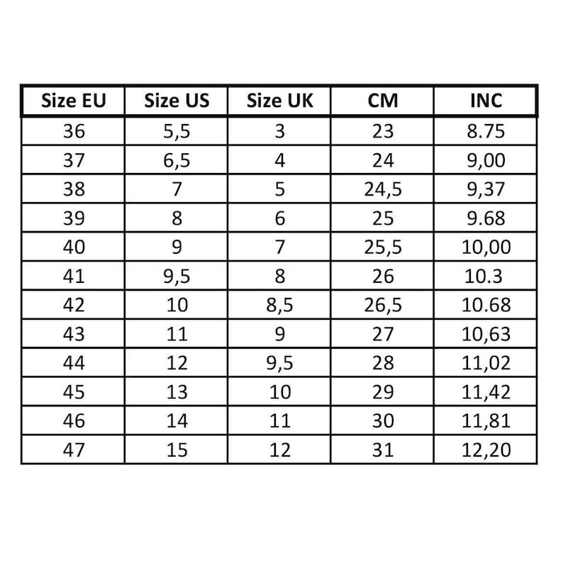 Puede incluir: Un gr&aacute;fico que muestra las tallas de zapatos en tallas europeas, estadounidenses y brit&aacute;nicas, junto con las medidas correspondientes en cent&iacute;metros y pulgadas. El gr&aacute;fico incluye tallas del 36 al 47.