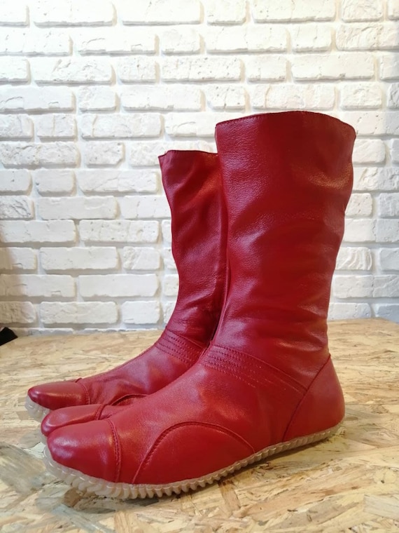 Tabi Boots Tabi Shoes Leather Red Tabi with Zipper Handmade Japanese Leather Soft Ninja