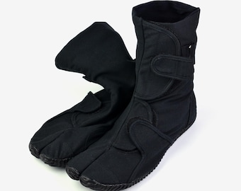 Black Cotton Tabi Boots with Flat Split Toe Sole Vegan Footwear Traditional Japanese Ninja Shoes