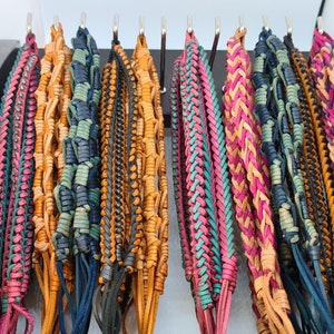 Hand Plaited Real Leather Bracelet - Colours Pink,Purple and Green