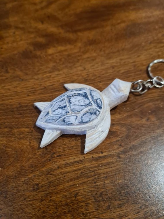 Hand Carved Wooden Turtle Keyring - Blue - image 2