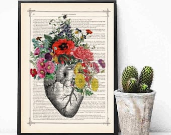 Sale Anatomical Heart and Flowers- Human Anatomical Heart and Flowers Print- Science Gift-Anatomy Print Dictionary Print