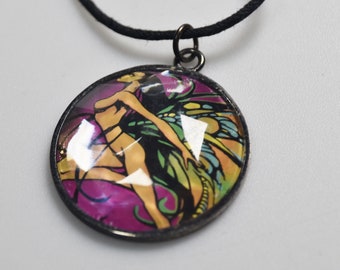 Faceted Lucite Pendant Necklace Fantasy Naked Butterfly Woman Acrylic Front Vintage jb30-23