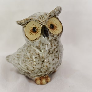 May include: A ceramic owl figurine with a speckled, off-white body and large, round eyes. The owl has a detailed, textured surface and is perched on a white surface. The owl's eyes are a light tan color with black pupils.