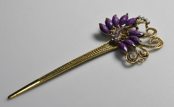 Vintage Hair Pin Bejeweled Faux Gold Hair Stick w… - image 1