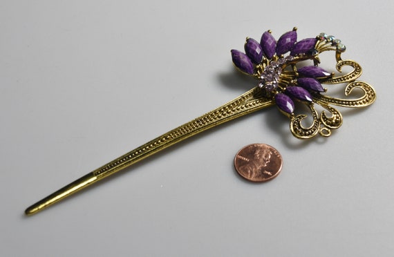 Vintage Hair Pin Bejeweled Faux Gold Hair Stick w… - image 2