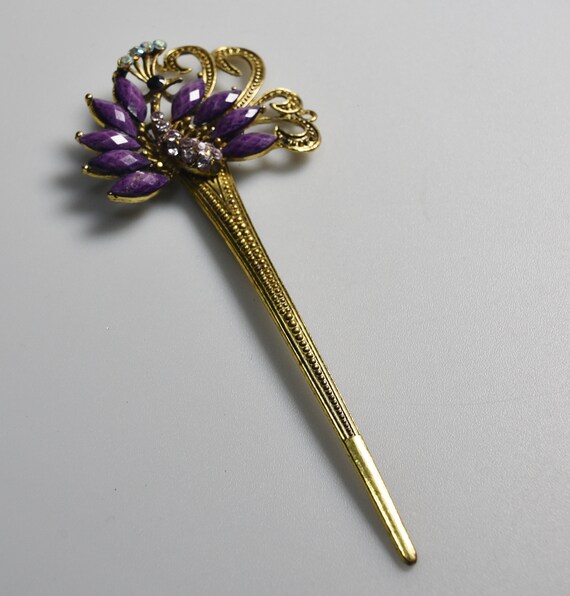 Vintage Hair Pin Bejeweled Faux Gold Hair Stick w… - image 8