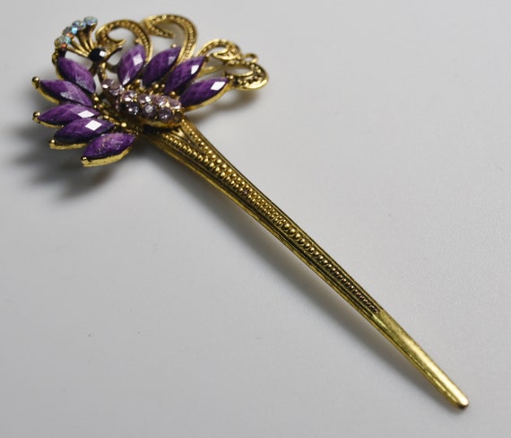 Vintage Hair Pin Bejeweled Faux Gold Hair Stick w… - image 6