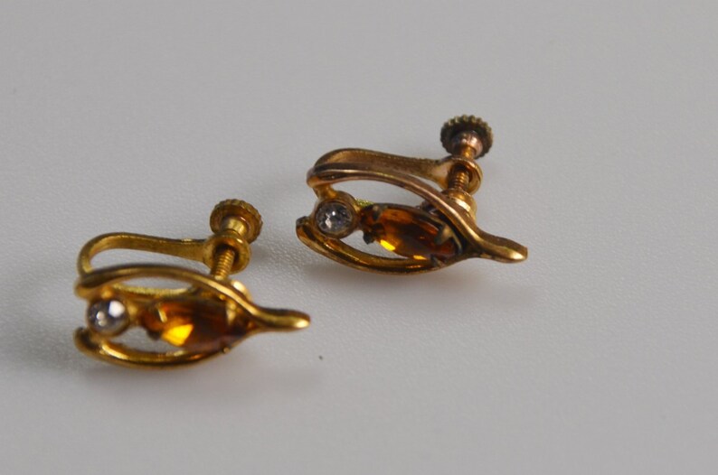 jb22-3 Wishbone Earrings Non-Pierced Screw Back Vintage Earrings Faceted Amber /& Clear Rhinestones