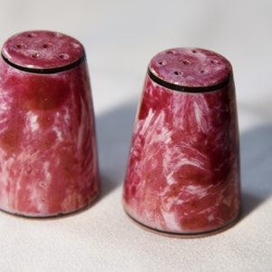 May include: Two matching salt and pepper shakers. The shakers are a deep red with white marbling, and a black band around the top. Each shaker has several holes on top for dispensing.