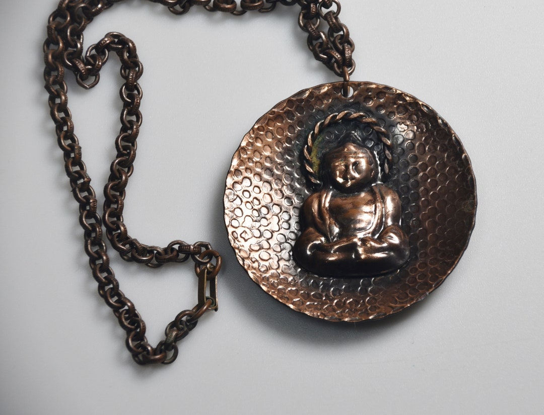 RARE Copper BUDDHA Pendant Necklace Mid-century Buddha