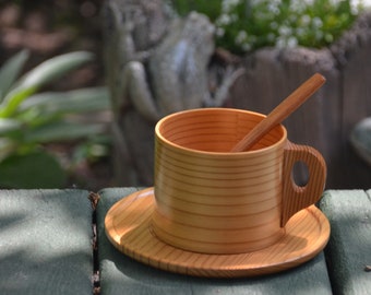 eb3794 Tea Cup and Saucer Hand-Carved Unusual Gift - Charming Piece - Delicate Wooden Cup & Saucer and Stir Teaspoon