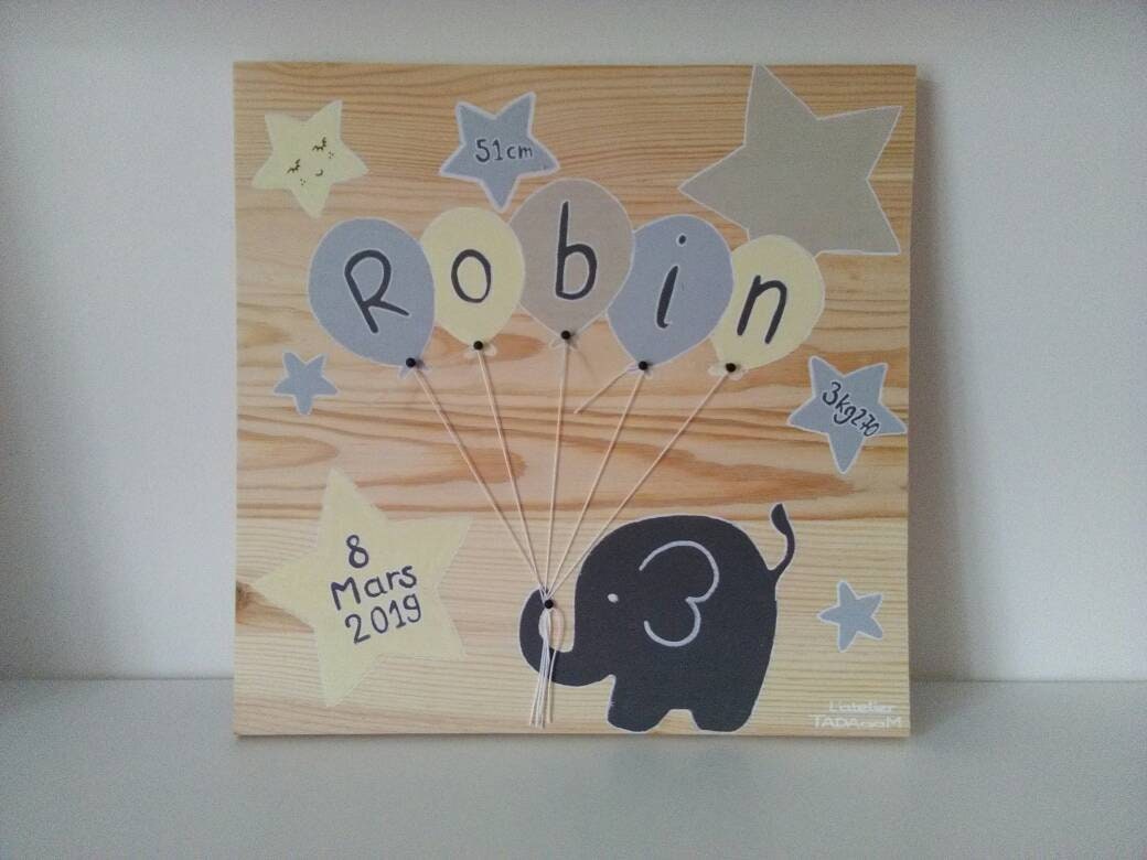 Tableau Personnalisé/Cadeau de Naissance Idée Noël Éléphant Etoiles Tableau Chambre Bébé