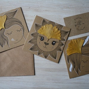 Carte cadeau / feuille de Ginkgo et dessin / Dessin au trait  / Décoration Chambre d'enfant / carte postale