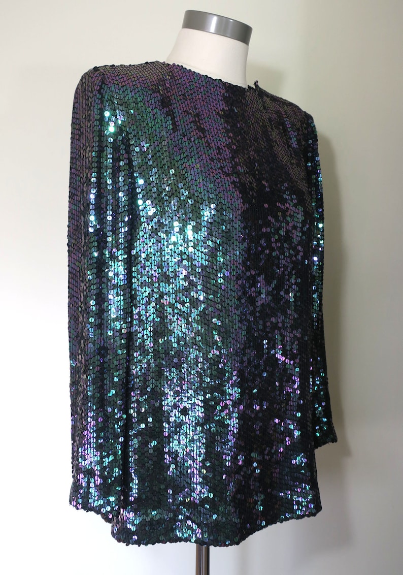 Vintage 1980s Jeanette for St Martin 1985 Sequin Top Green Purple Designer Mermaid Glam Medium Irridescent
