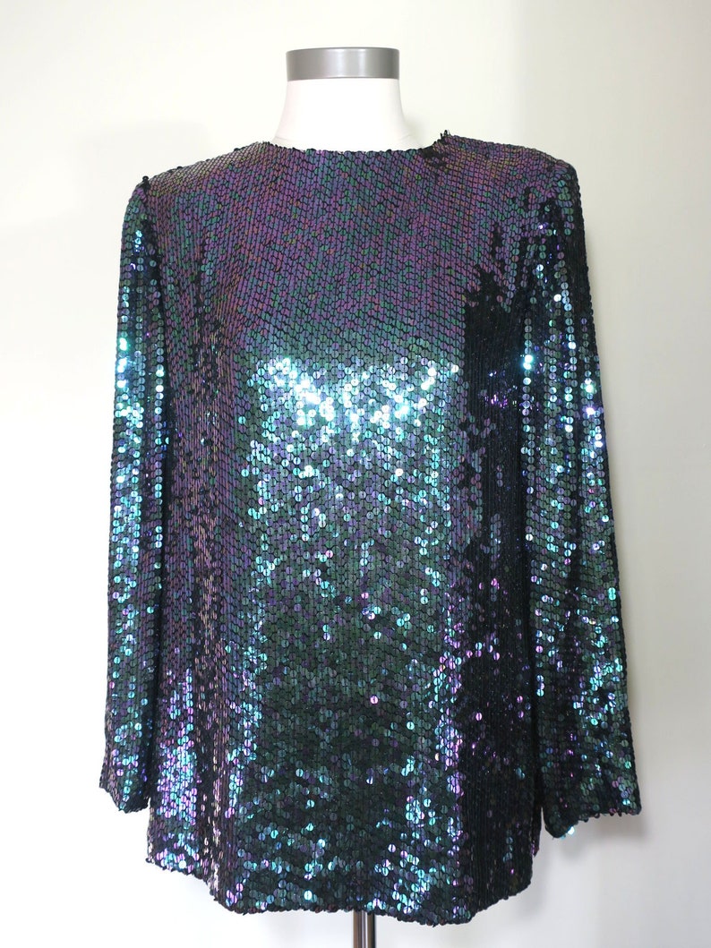 Vintage 1980s Jeanette for St Martin 1985 Sequin Top Green Purple Designer Mermaid Glam Medium Irridescent