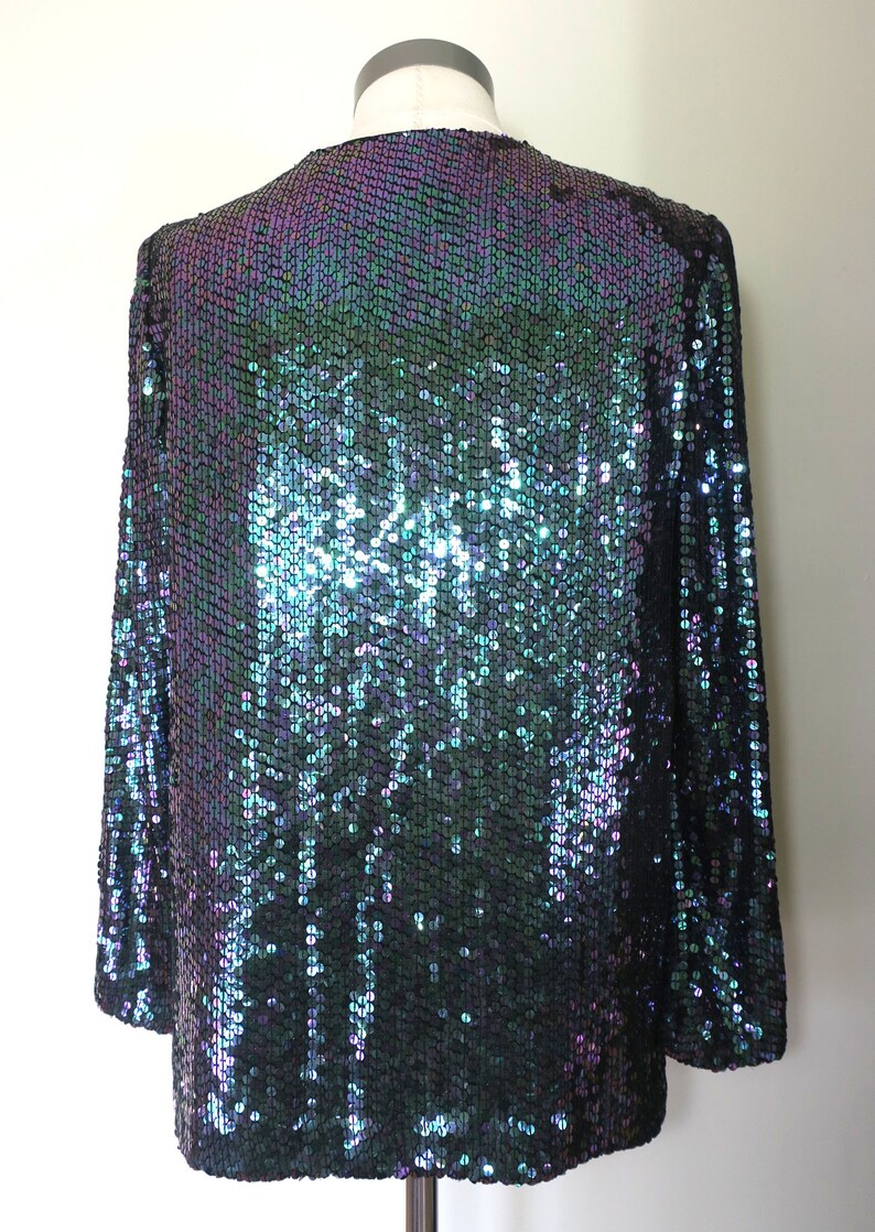 Vintage 1980s Jeanette for St Martin 1985 Sequin Top Green Purple Designer Mermaid Glam Medium Irridescent