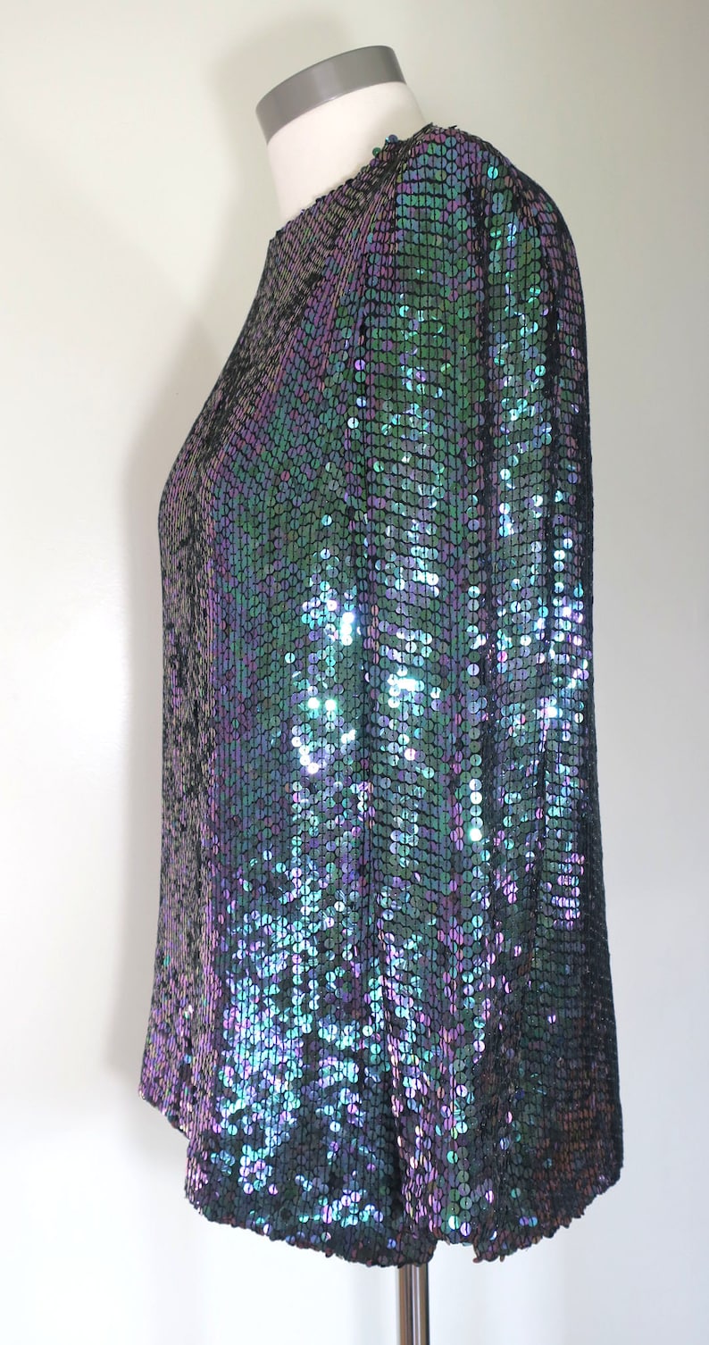 Vintage 1980s Jeanette for St Martin 1985 Sequin Top Green Purple Designer Mermaid Glam Medium Irridescent