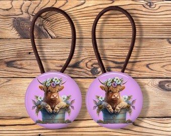 Highland cow button hair ties,toddler girl hair accessories, gifts for girls, purple ponytail holders, hair elastics for kids