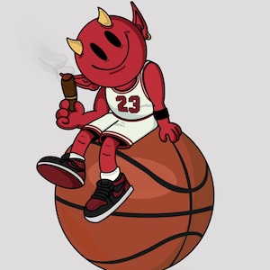 May include: A cartoon illustration of a red devil character wearing a white basketball jersey with the number 23, sitting on a basketball. The devil has yellow horns and is holding a cigar. The character is wearing black and red sneakers.